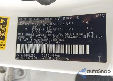 2017 Toyota Highlander Xle z USA, uszkodzony, nr VIN 5TDKZRFH3HS216644